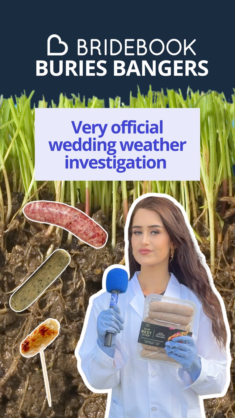 Bridebook's Lucy in a white coat next to some sausages with text that says 'bridebook buries bangers'