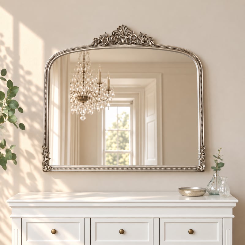 an antique style mirror on a wall hanging over a set of white drawers.