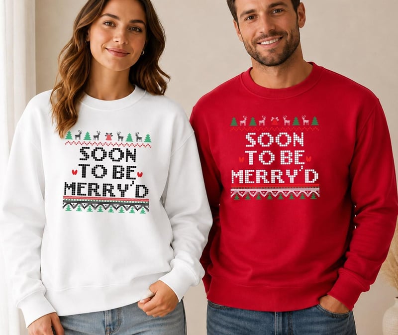 a smiling man and woman look at the camera wearing traditional festive Christmas sweatshirts that read 'soon to be merry'd' 