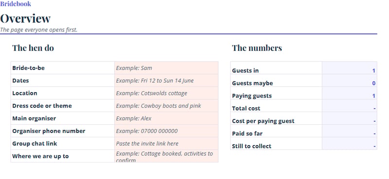 bridebook's free hen do wedding planning spreadsheet