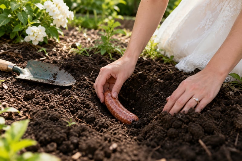 A close up of a bride burying a raw sausage ahead of her wedding