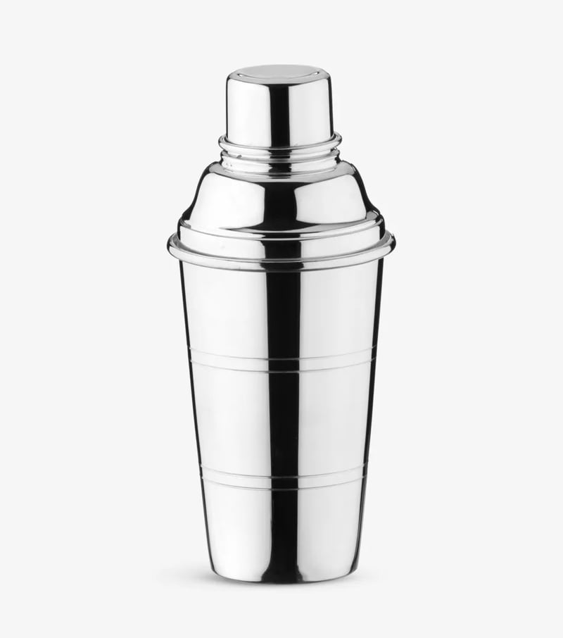 a silver plated cocktail shaker.