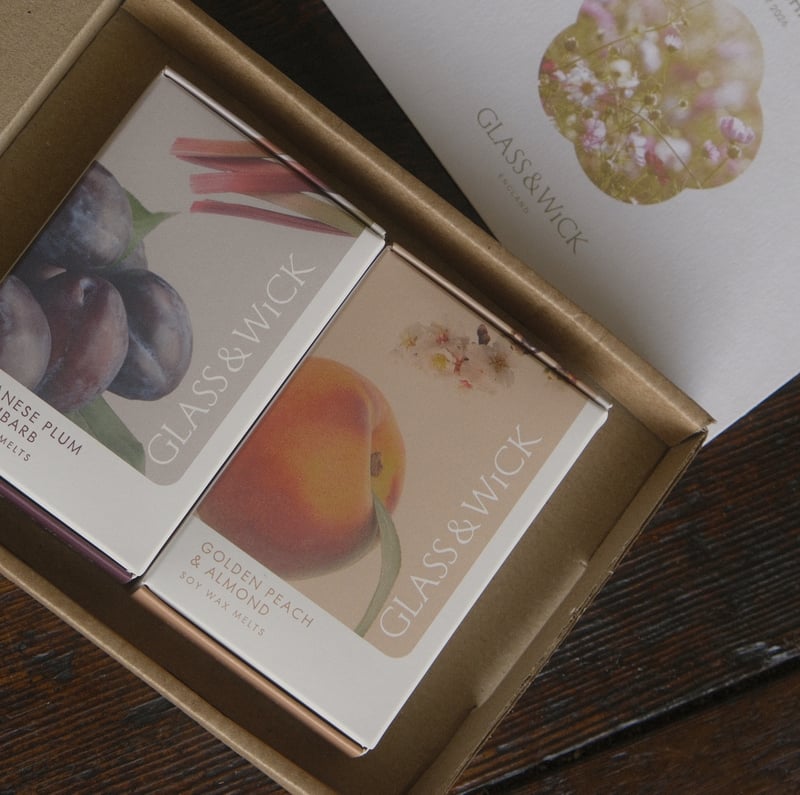 close up of a box featuring different scented wax melts.