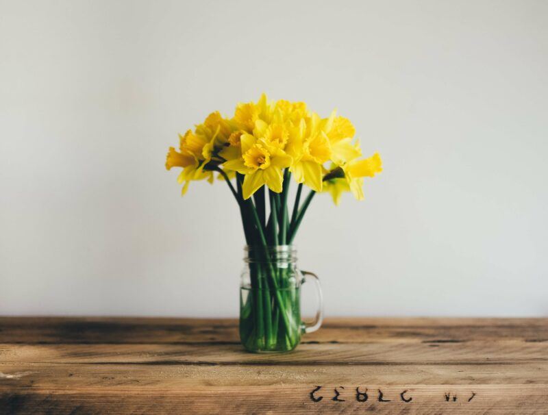 bridebook.com picture of a bunch of yellow daffodils in a glass jar