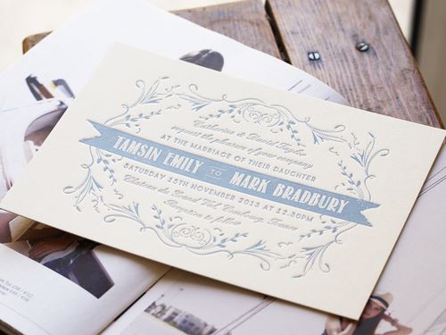 Bridebook.co.uk- engraved white and blue invitation