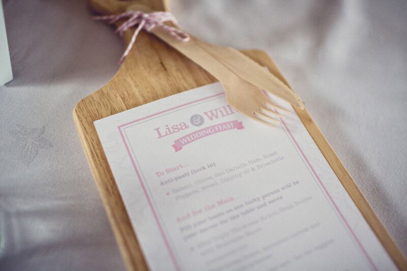 Bridebook.co.uk- wedding menu on a chopping board