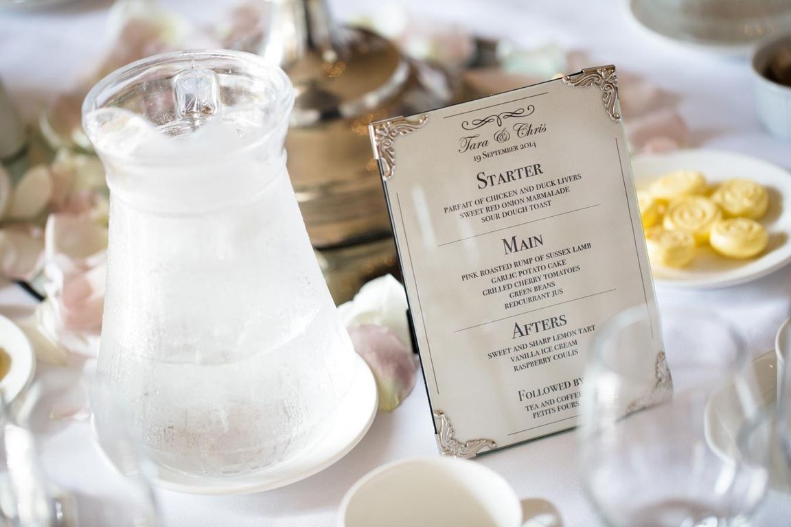 Bridebook.co.uk- wedding breakfast menu next to water jug