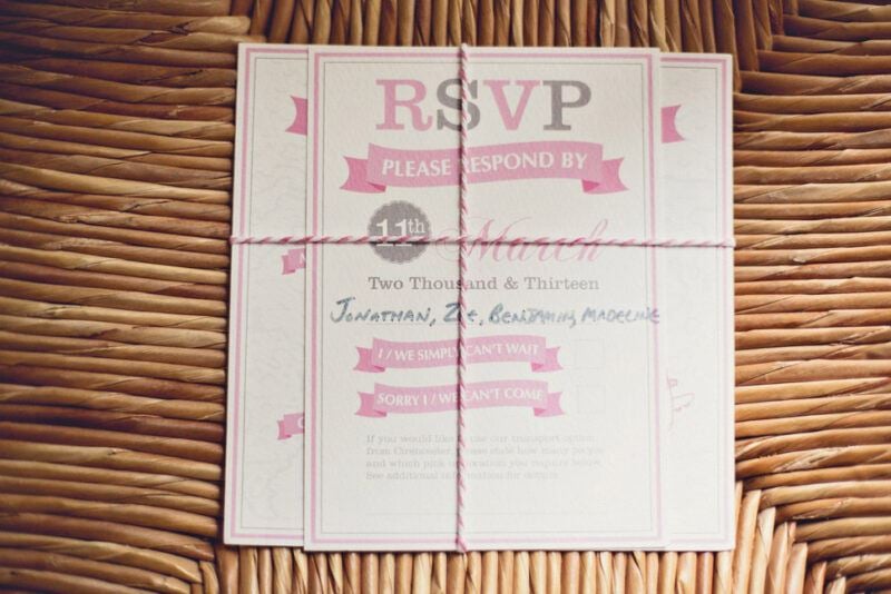 Bridebook.co.uk- pink wedding invitations tied over with pink string