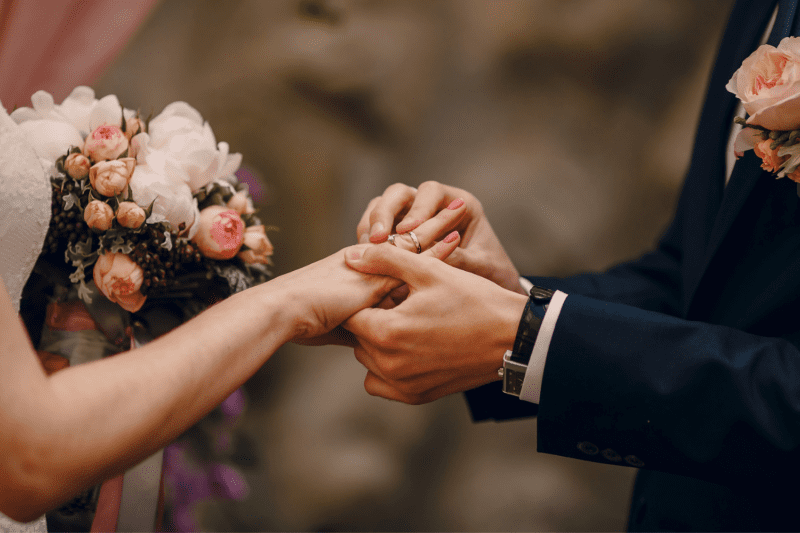 Bride and groom exchanging vows and putting on wedding rings
