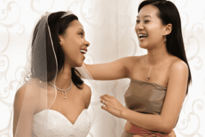 Bride sharing excitement with maid of honour on wedding day