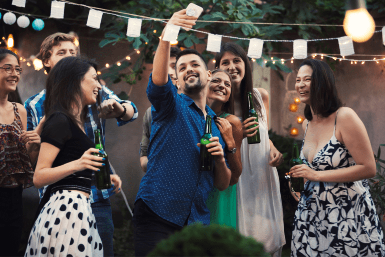 Garden party with outdoor fairy lights