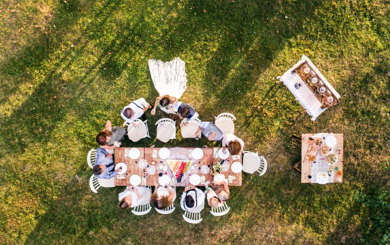 Outdoor wedding buffet from above