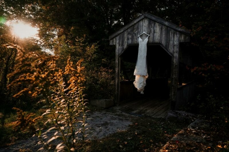 Hanging wedding dress in a natural setting