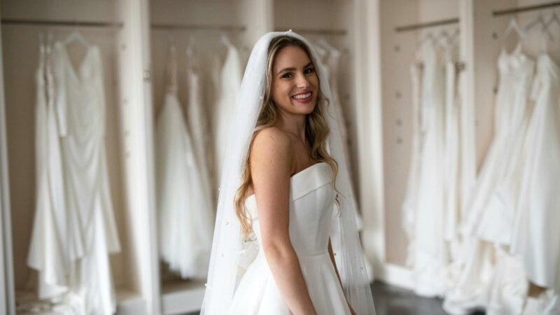 Smiling bride trying on wedding dresses