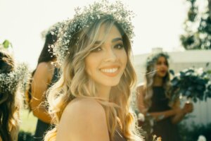 Smiling bride with a flower crown