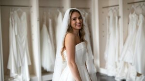 Smiling bride in a wedding dress store
