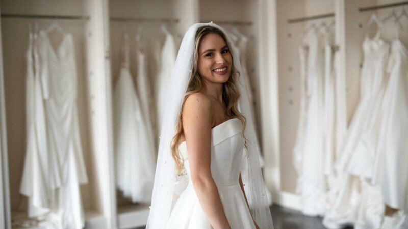 Smiling bride in a wedding dress store