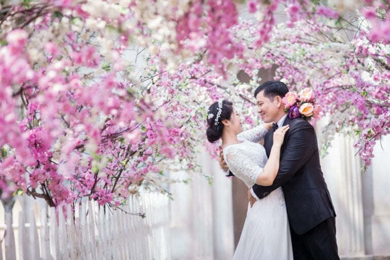 Couple de mariés en train de s'embrasser sous des fleurs de cerisier