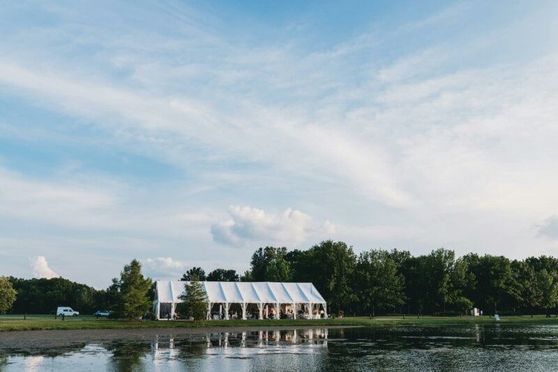 Big tent by a lake