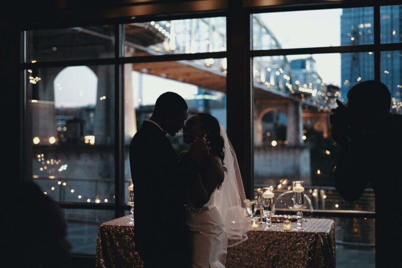 Couple dancing in a city wedding venue