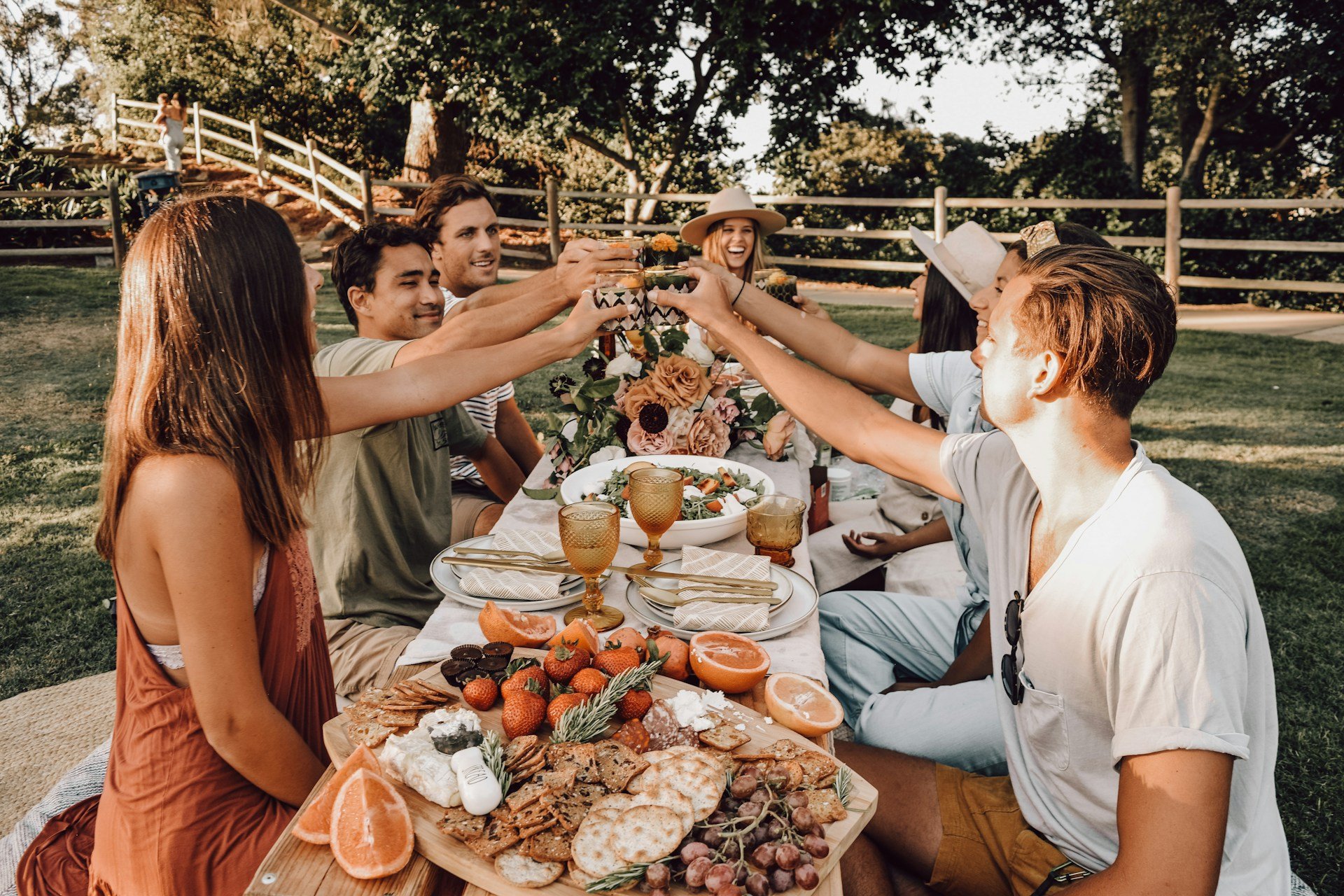 Friends having a meal together outside