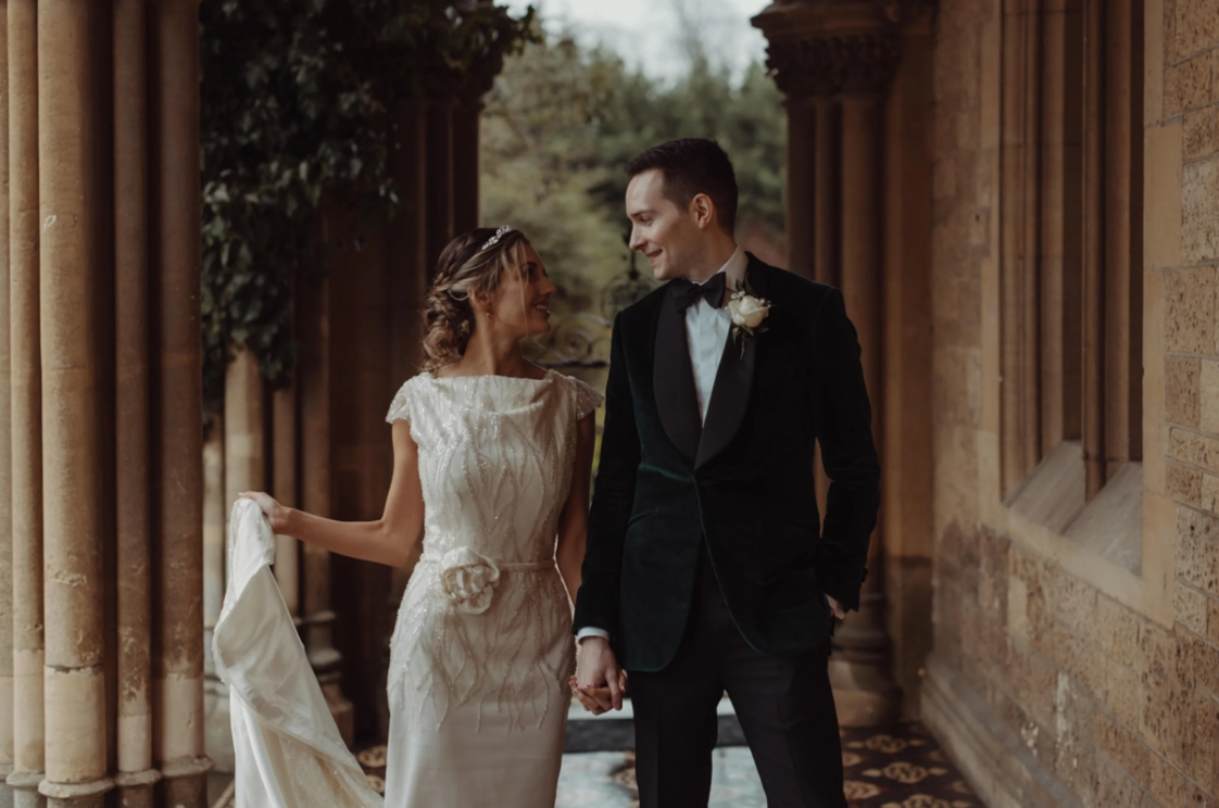 Newly wedded couple looking into each other's eyes