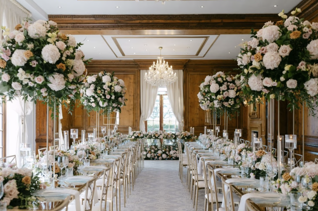 A beautifully decorated wedding breakfast room with floral arrangements, chairs, tables and candles 