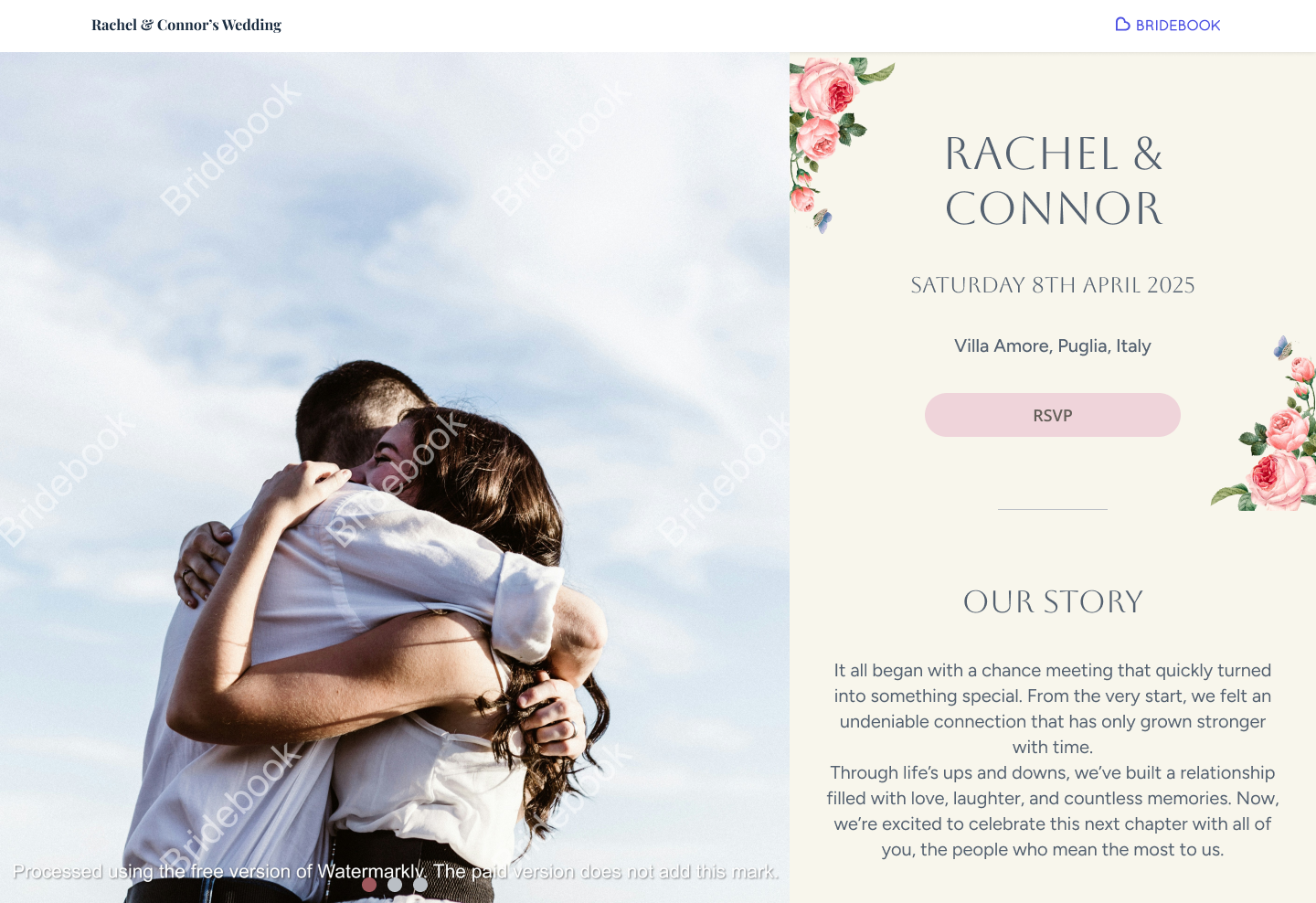 Example wedding website template from Bridebook