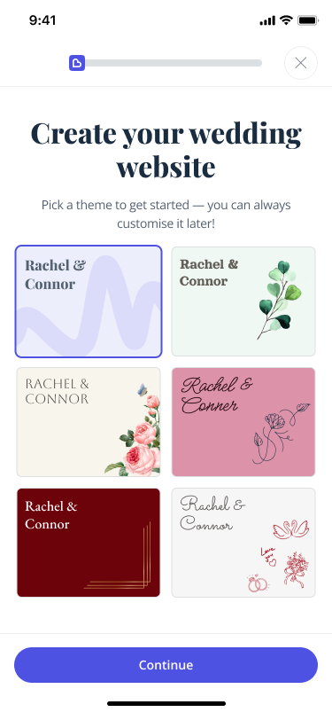 Wedding website theme examples from Bridebook