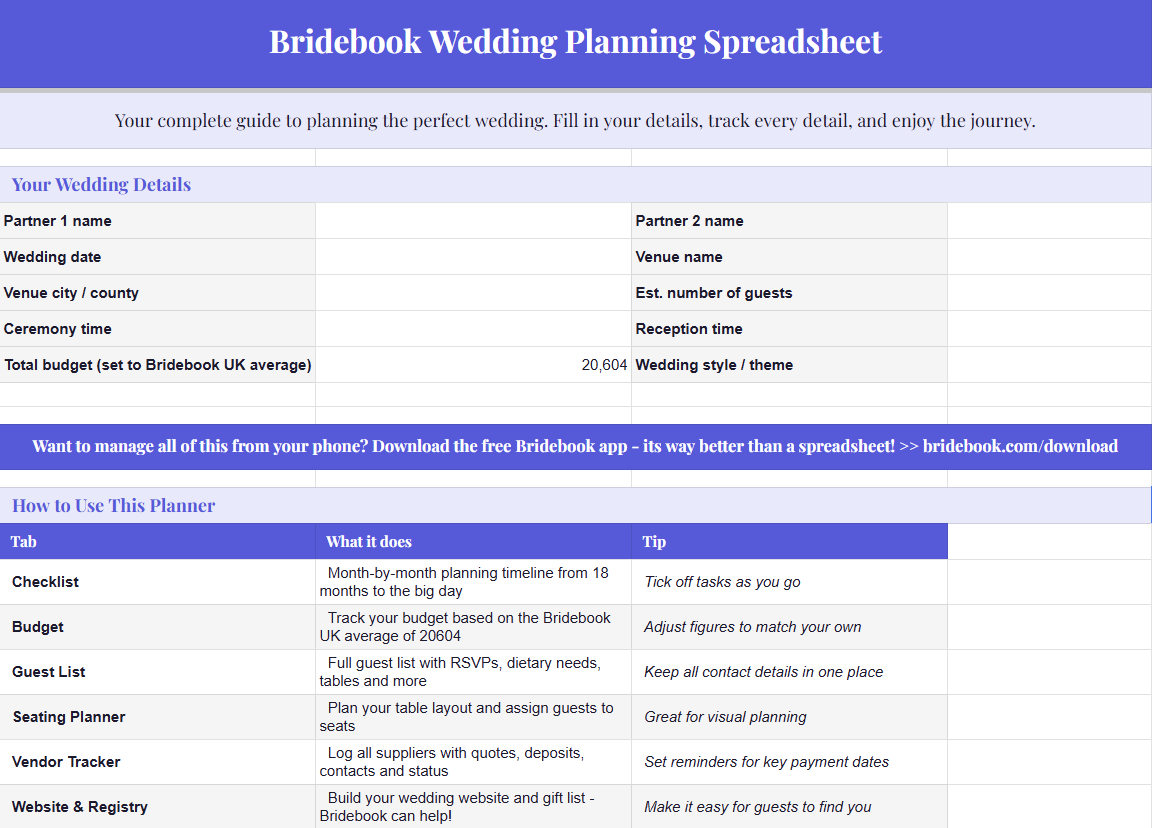 Bridebook's free wedding planning spreadsheet
