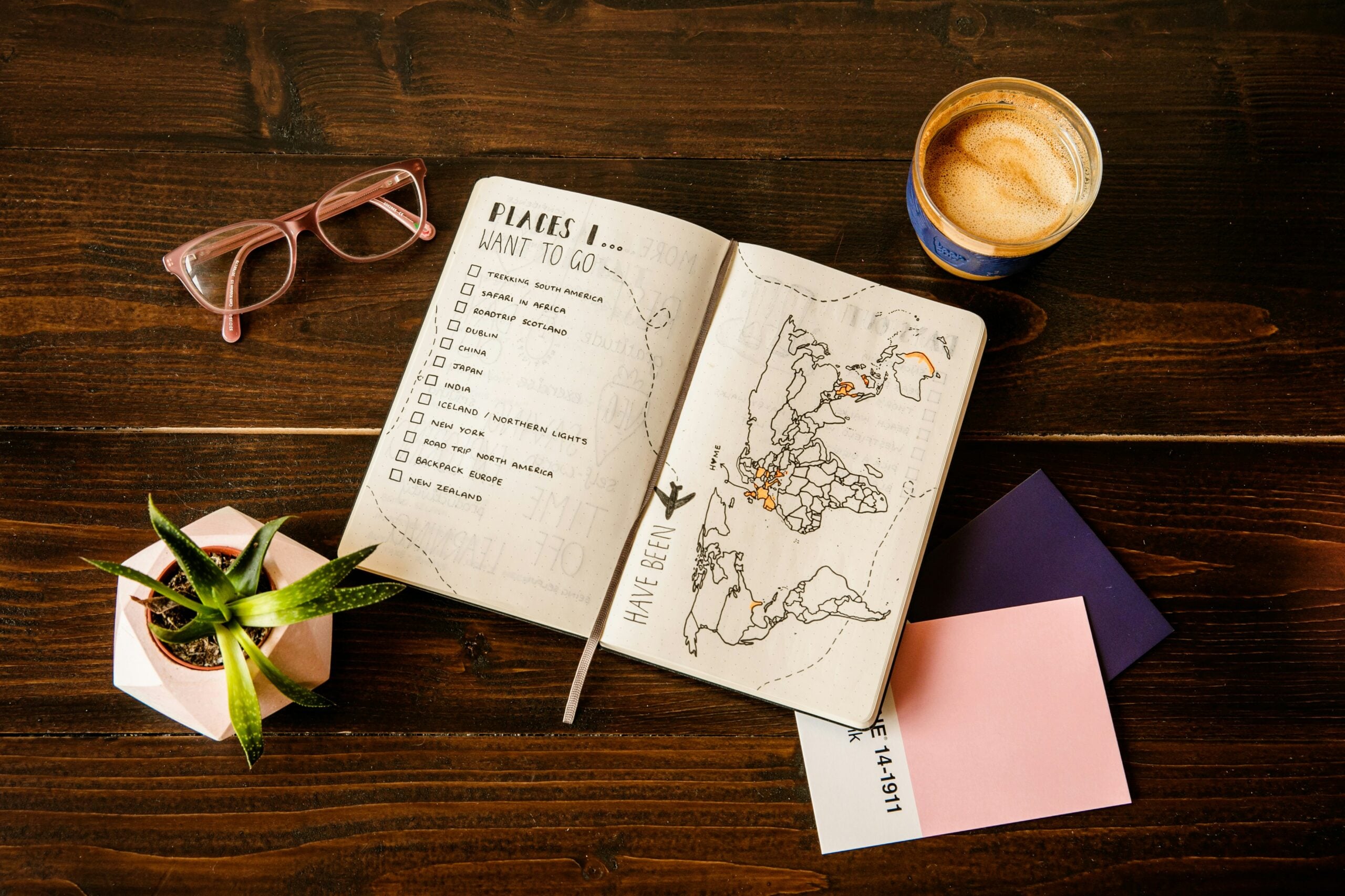open travel journal with sunglasses and coffee for a hen do games planning session