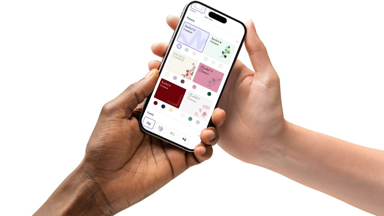 a free bridebook wedding website on a mobile being passed between two hands