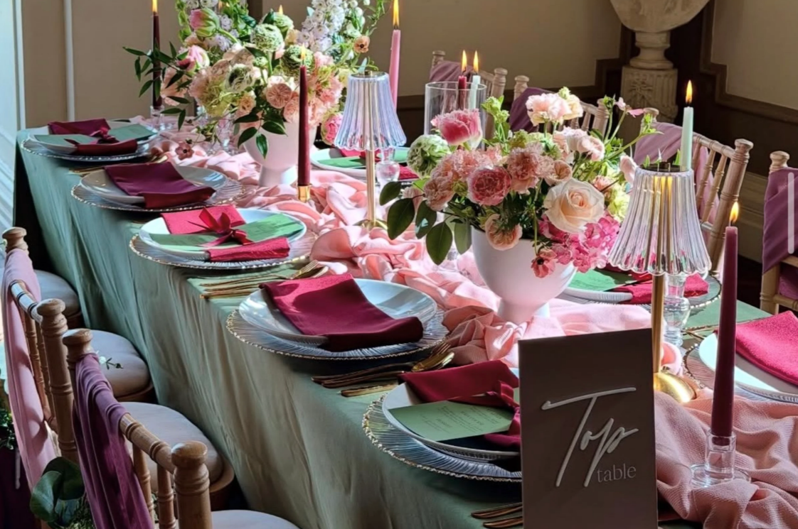 Beautiful wedding breakfast table set up with wedding flowers