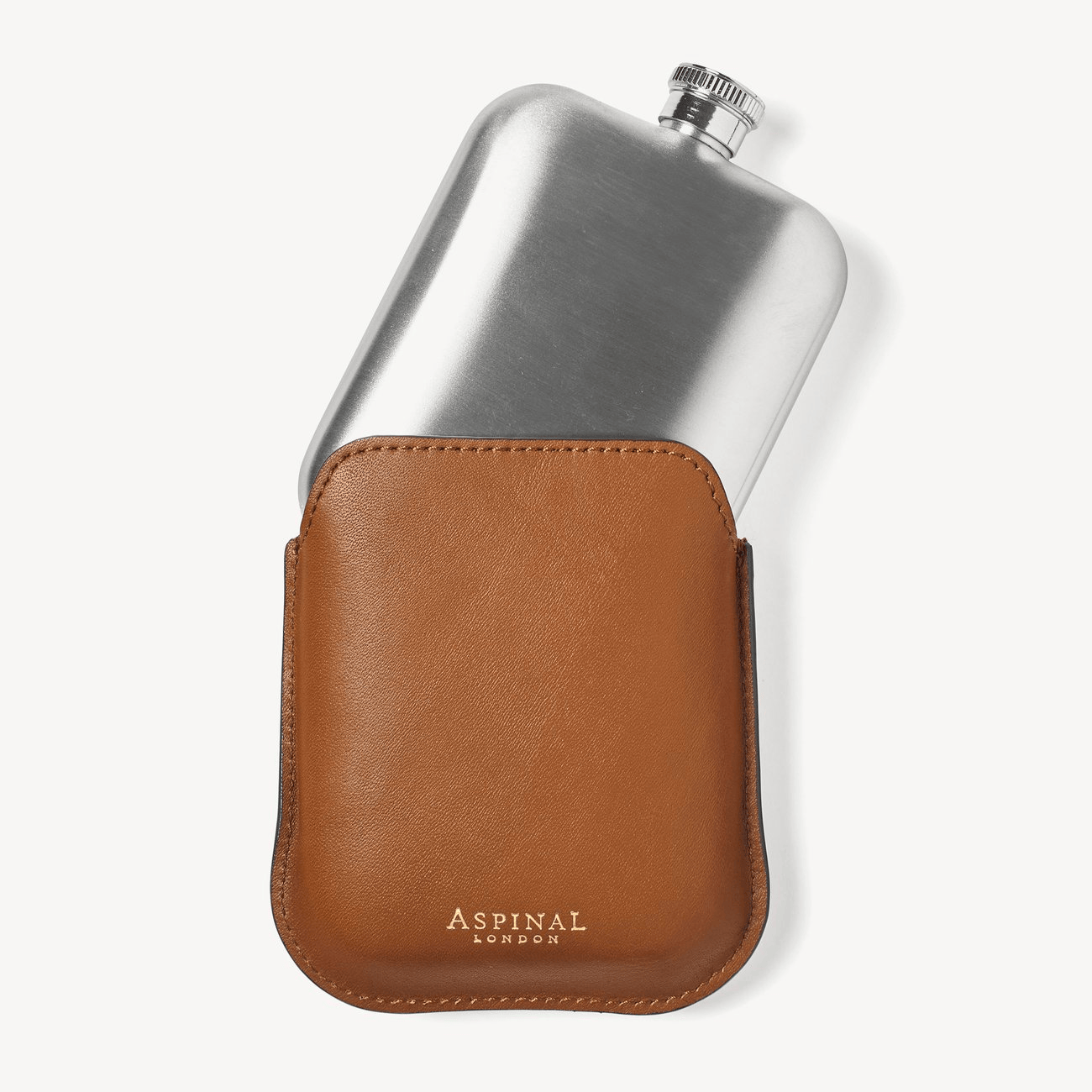 Silver hip flask in a brown leather pouch