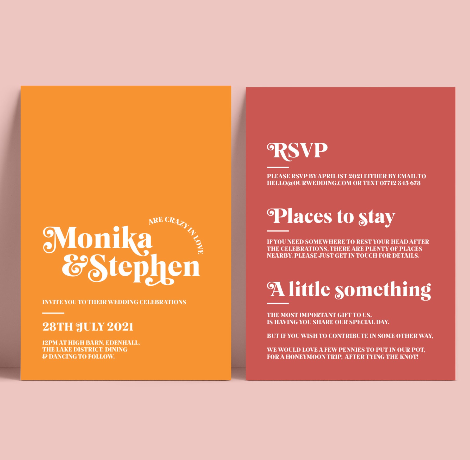 a block colour wedding invitation suite featuring a simple modern font