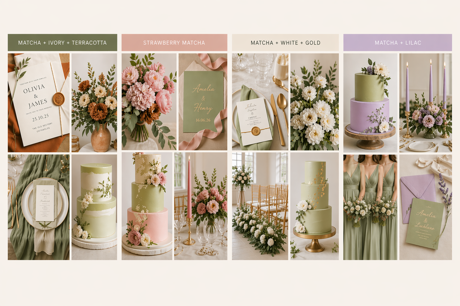 moodboard showing matcha wedding colour combinations