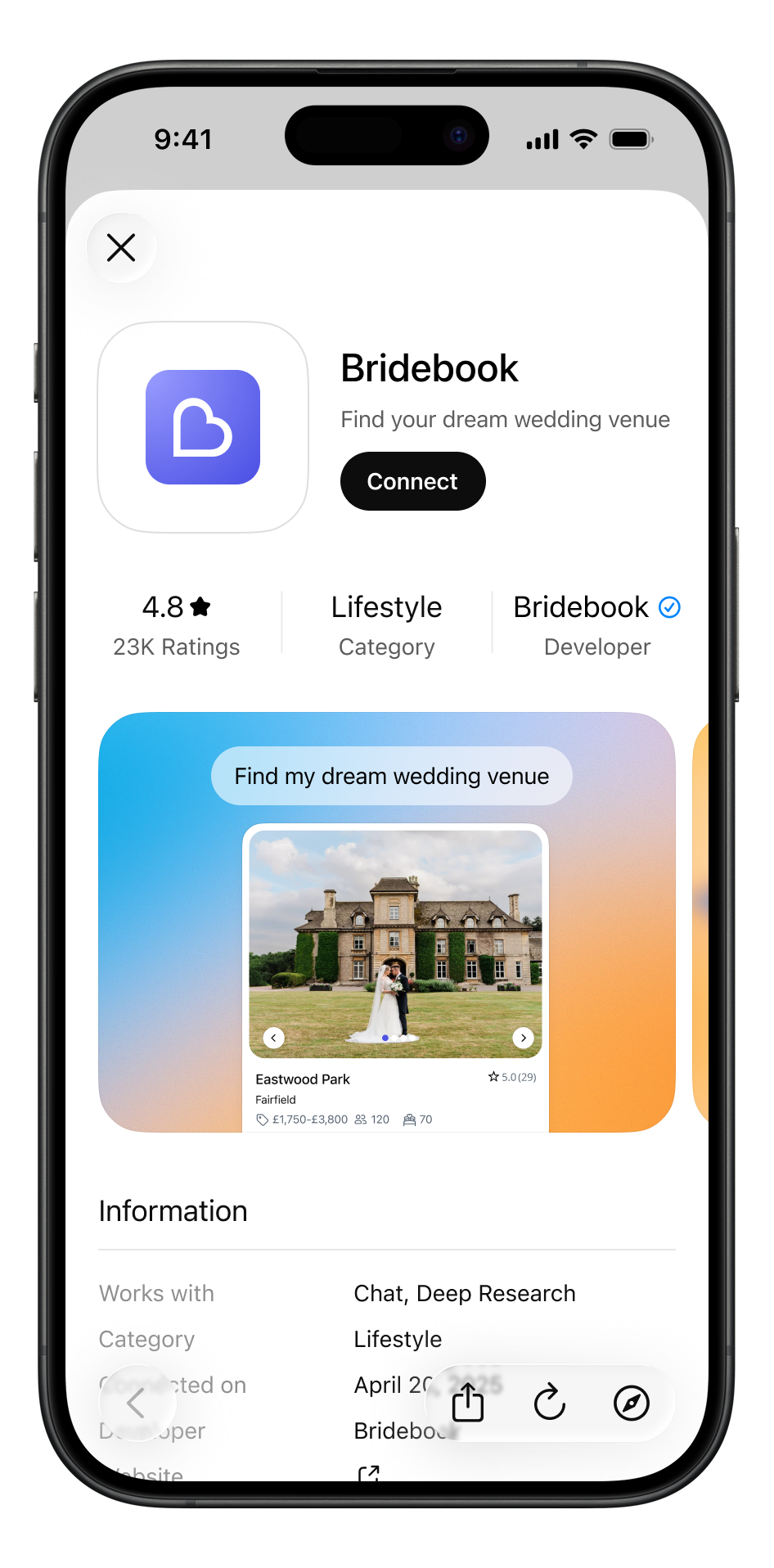 phone screen showing Bridebook's AI app
