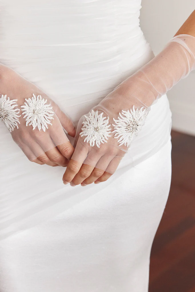 Embellished tulle fingerless wedding gloves