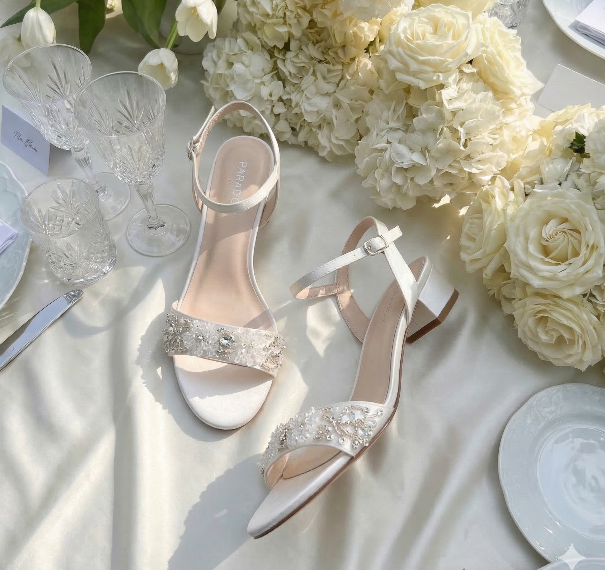 a pair of pearl and bead embellished flat sandals on a wedding table with flowers and glassware