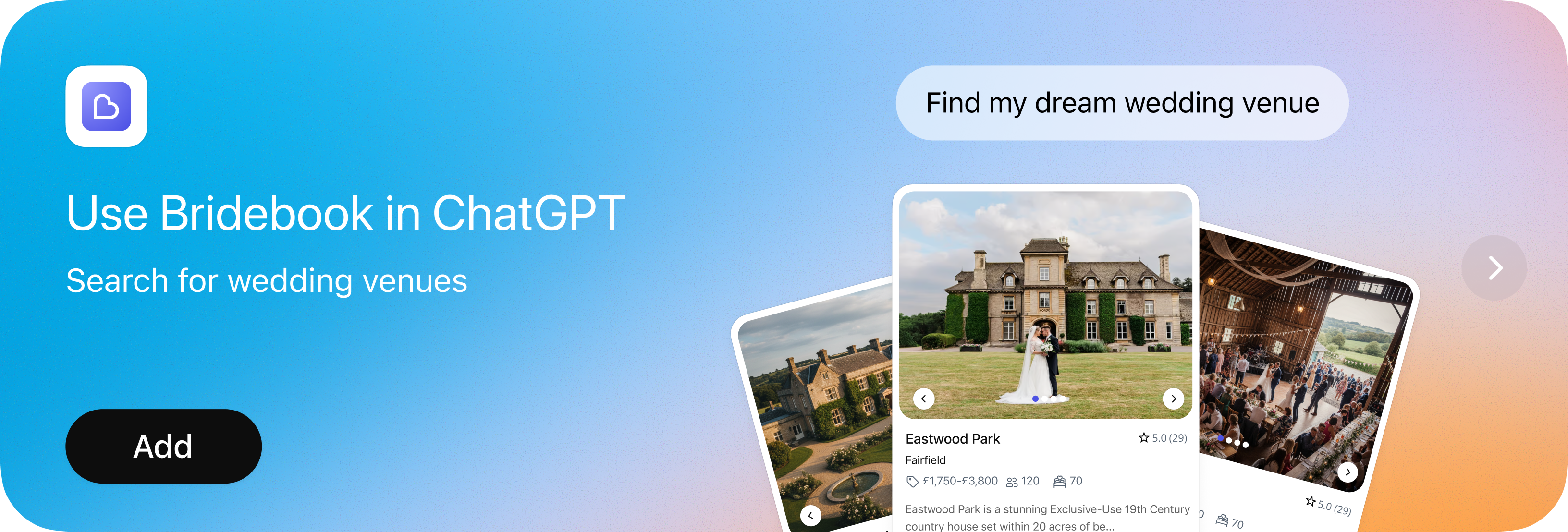 Examples of wedding venues on bridebook's chat gpt app