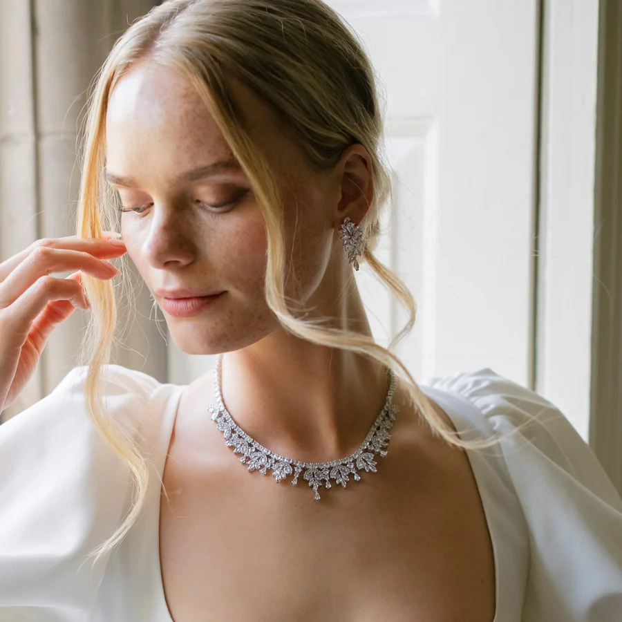 Bride wearing a delicate crystal choker necklace